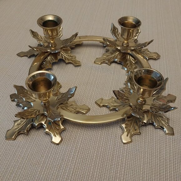 Vtg Solid Brass Poinsettia 11" Candle Stick Holder Ring Christmas Classic - Picture 1 of 6